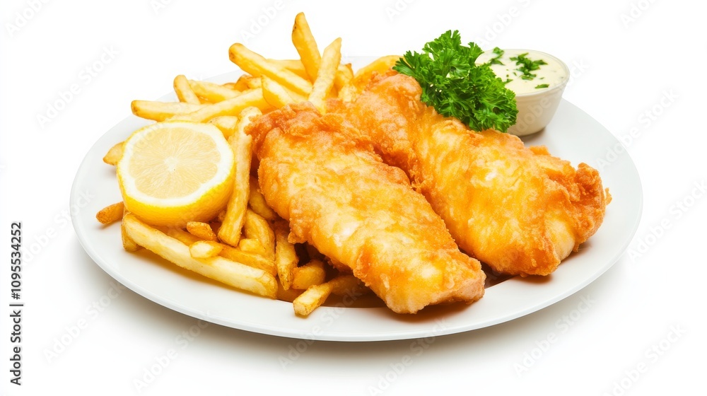 A delicious plate of fish and chips featuring golden-brown battered cod fillets and crispy fries, Each piece of fish's flaky texture and crunchy coating highlighted A delicious plate of fish and chips featuring golden-brown battered cod fillets and crispy fries, Each piece of fish's flaky texture and crunchy coating highlighted
