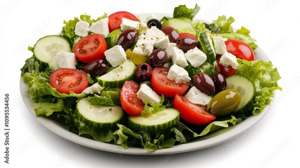 A delicious plate of Greek salad with mixed greens, tomatoes, cucumbers A delicious plate of Greek salad with mixed greens, tomatoes, cucumbers