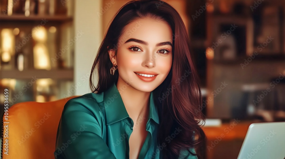 Smiling woman with long dark hair and radiant makeup Smiling woman with long dark hair and radiant makeup