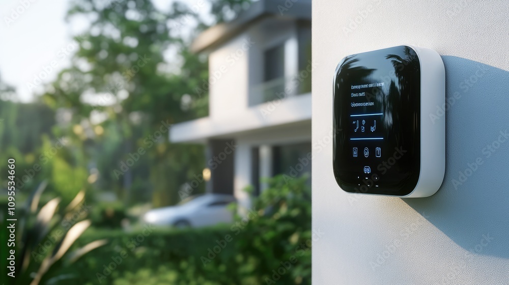 Smart thermostat installed on a modern house exterior, showcasing innovative technology for home climate control and energy efficiency in a lush suburban environment Smart thermostat installed on a modern house exterior, showcasing innovative technology for home climate control and energy efficiency in a lush suburban environment