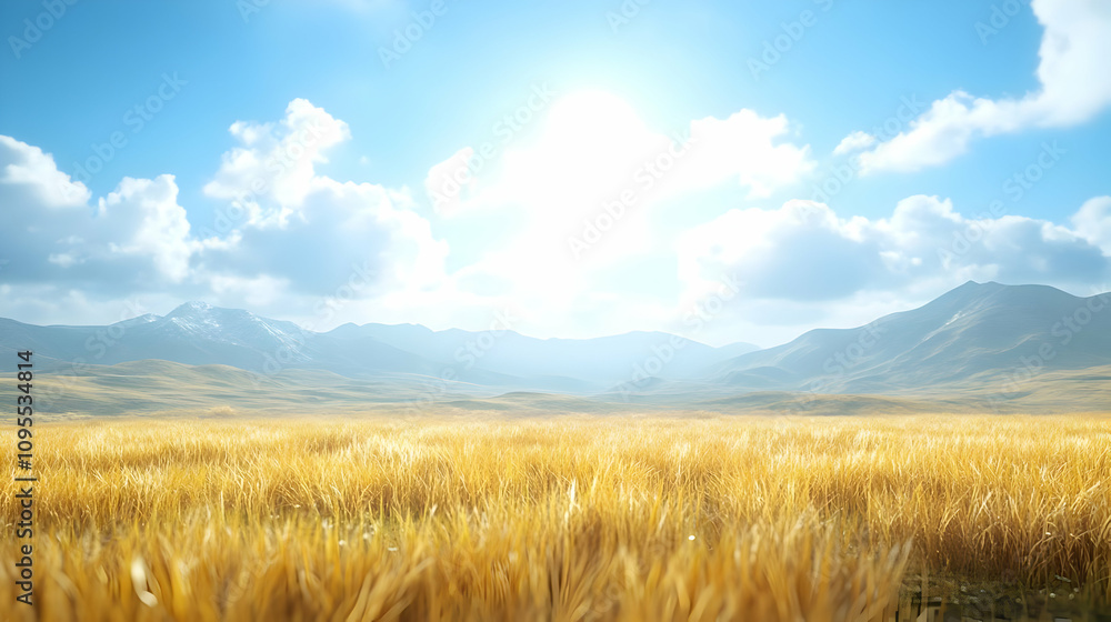Golden Grassland 3D Render: Sunny Landscape Golden Grassland 3D Render: Sunny Landscape
