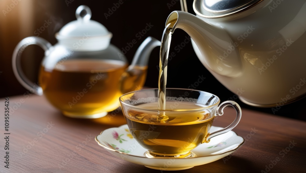 A close-up of healthy tea being poured from a teapot into a delicate cup. A close-up of healthy tea being poured from a teapot into a delicate cup.