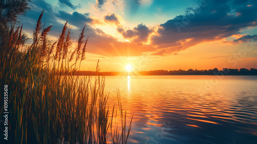 An Idyllic Sunset Landscape Showcasing a Brilliant Palette of Colors, Tranquil Lake Waters, Graceful Reeds Along the Shore, and Radiant Sun Rays Creating a Picture-Perfect Scene with Space for Text