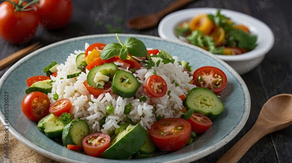 Healthy food, rice salad with vegetables background - generative ai Healthy food, rice salad with vegetables background - generative ai