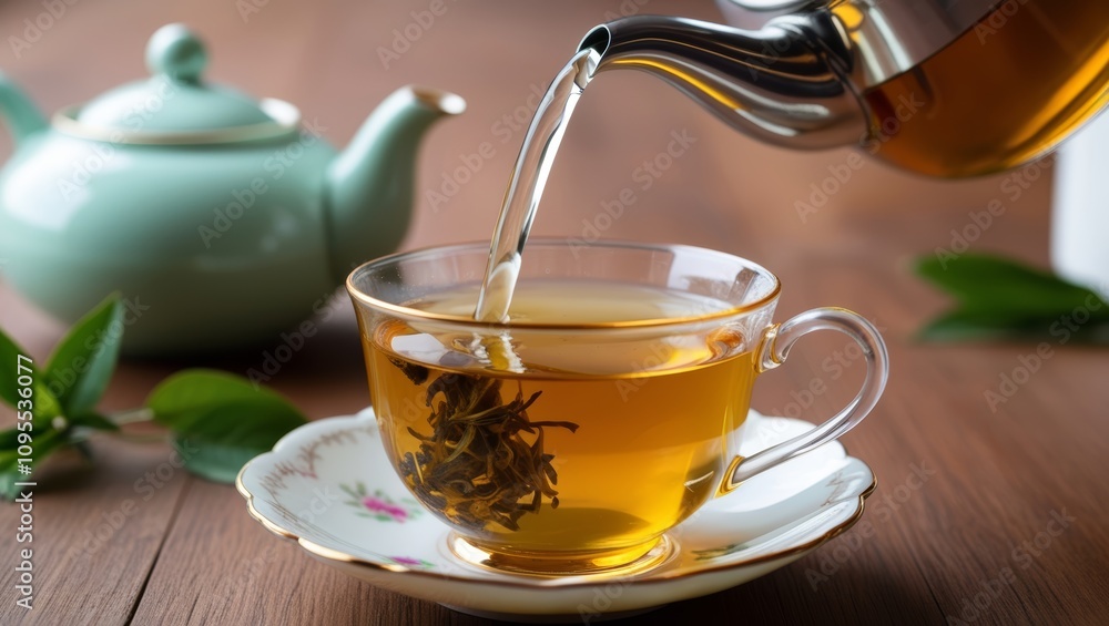 A close-up of healthy tea being poured from a teapot into a delicate cup. A close-up of healthy tea being poured from a teapot into a delicate cup.
