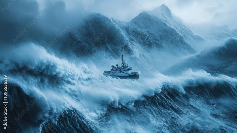 Obraz premium A small boat navigates through turbulent ocean waves amidst a stormy backdrop.
