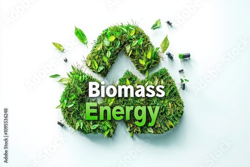 Green grass and leaves form a recycling symbol representing biomass energy. This design emphasizes sustainability and renewable energy solutions for a healthier planet. photo