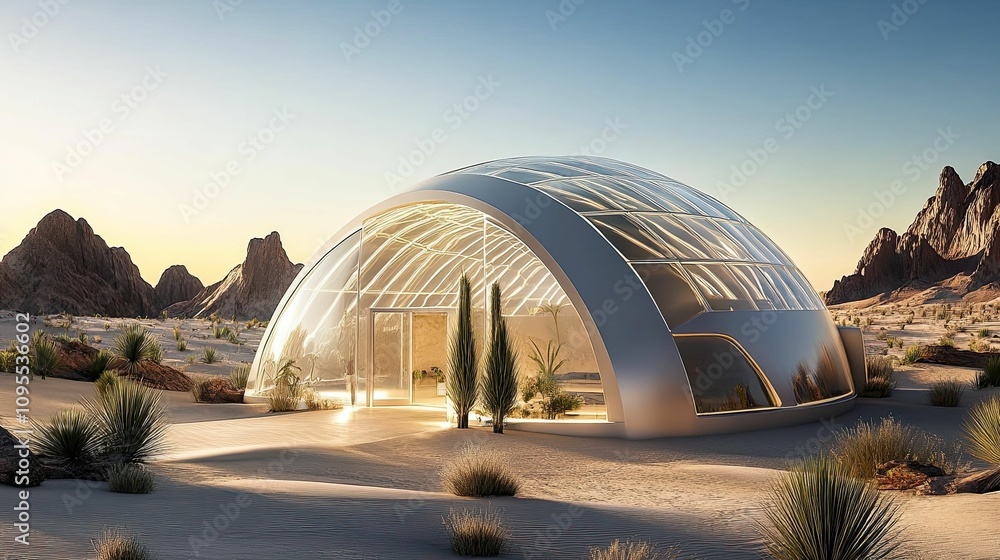 Futuristic dome home desert landscape sunrise. Futuristic dome home desert landscape sunrise.