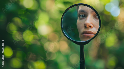 A womans face viewed through a distorting magnifying glass, symbolizing troubled selfperception and psychological struggles. photo