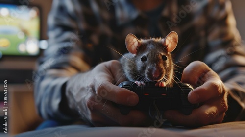 A rat sits on a video game controller, ready to play. AI.