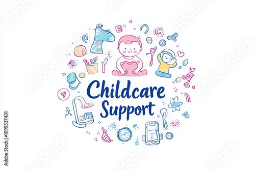 Colorful illustrations highlight various childcare support tools and activities surrounding a child. The design focuses on ease for families, showcasing young caregivers and toys.