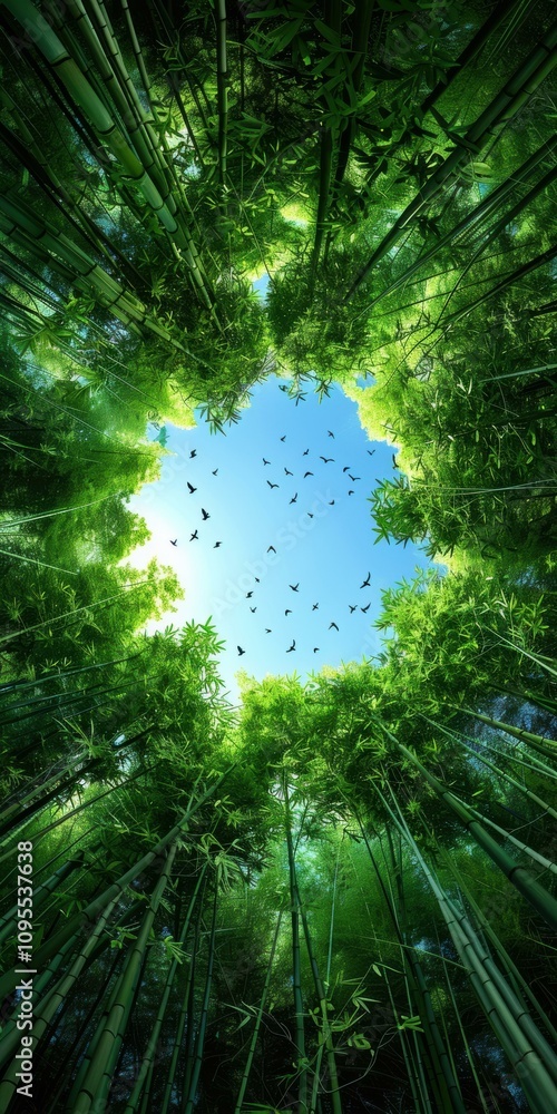 A glimpse of blue sky through a dense bamboo forest. AI. A glimpse of blue sky through a dense bamboo forest. AI.