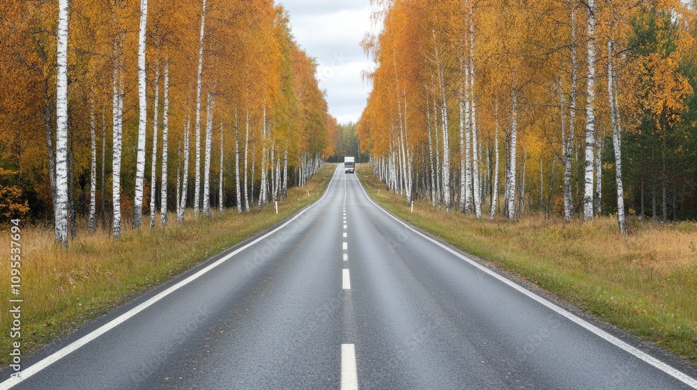 Fototapeta premium Scenic Autumn Road Surrounded by Vibrant Golden Birches in a Serene Landscape Under a Cloudy Sky, Perfect for Nature Lovers and Travel Enthusiasts