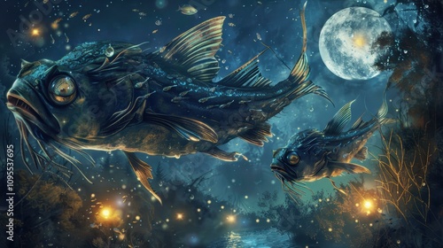 Wallpaper Mural Two fish swim through a night sky filled with stars and fireflies. AI. Torontodigital.ca