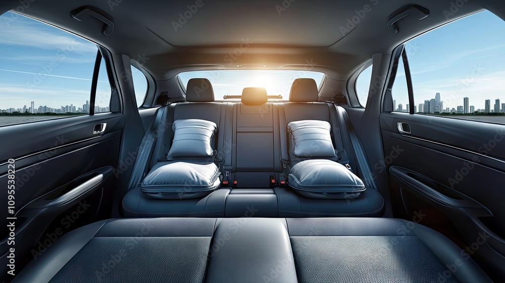 Spacious and Modern Car Interior with Luxurious Leather Seats and Sunlit City Skyline in the Background, Perfect for Travel and Comfort Advertisement Spacious and Modern Car Interior with Luxurious Leather Seats and Sunlit City Skyline in the Background, Perfect for Travel and Comfort Advertisement