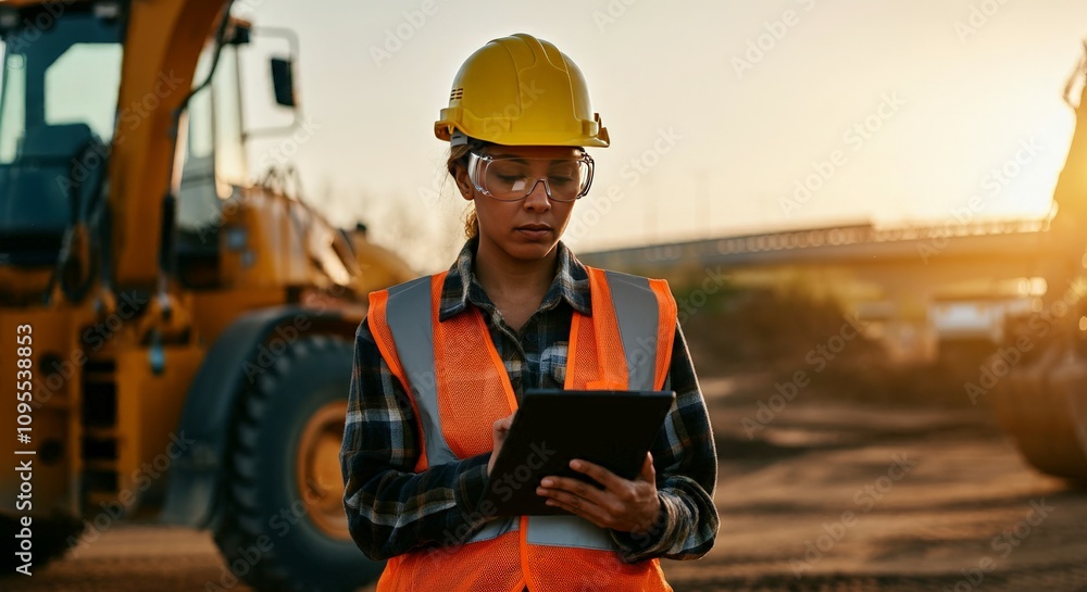 Woman Site Supervisor using Tablet for Reporting and Management near Heavy Machinery During Sunset Woman Site Supervisor using Tablet for Reporting and Management near Heavy Machinery During Sunset
