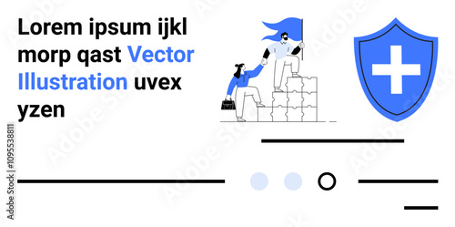 Team members helping each other climb up steps, blue shield with white cross, and placeholder text. Ideal for teamwork, medical assistance, collaboration, security, support, healthcare