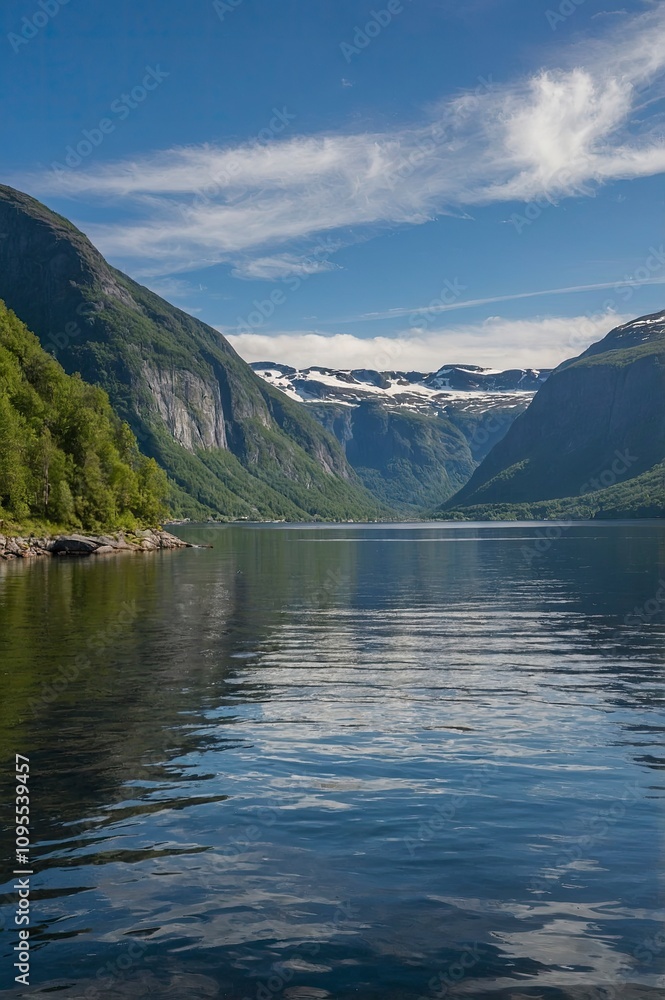 Peaceful calm view of fjords in Norway background - generative ai Peaceful calm view of fjords in Norway background - generative ai