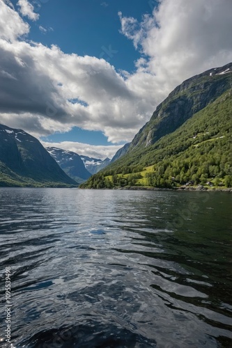 Peaceful calm view of fjords in Norway background - generative ai