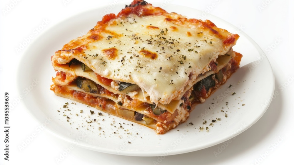 A delicious plate of vegetable lasagna with layers of roasted vegetables, marinara sauce, and melted cheese A delicious plate of vegetable lasagna with layers of roasted vegetables, marinara sauce, and melted cheese