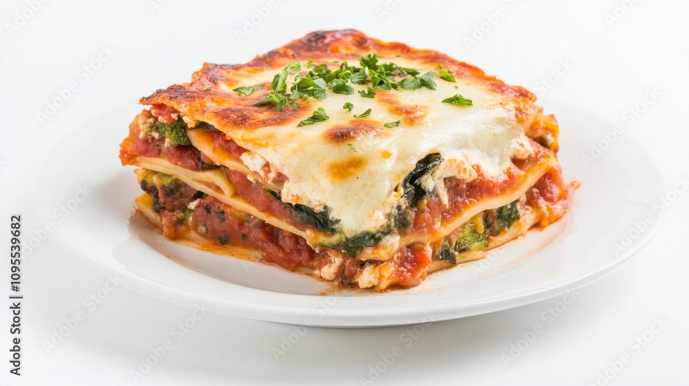 A delicious plate of vegetable lasagna with layers of roasted vegetables, marinara sauce, and melted cheese A delicious plate of vegetable lasagna with layers of roasted vegetables, marinara sauce, and melted cheese