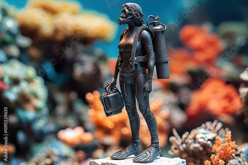 A diver stands ready to explore a lively coral reef. Wearing a wetsuit and dive gear, she holds equipment while surrounded by various coral and aquatic life, showcasing the oceans beauty.