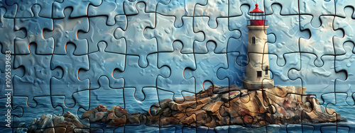 A serene lighthouse stands tall on a rocky island, surrounded by calm waters, captured in a vibrant puzzle design.