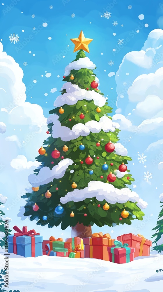 Beautiful Christmas Tree with Snow and Gifts in a Winter Wonderland Beautiful Christmas Tree with Snow and Gifts in a Winter Wonderland