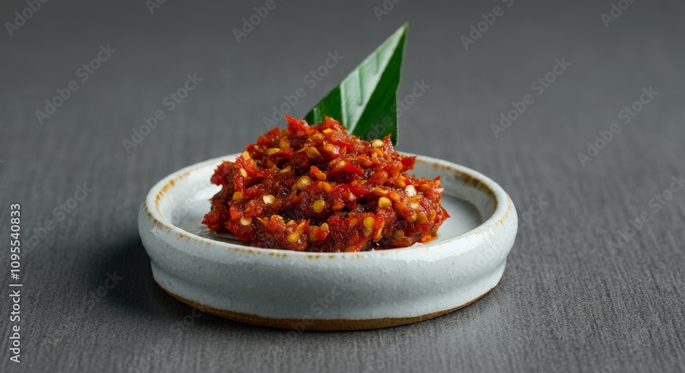 A small serving of sambal on a handmade ceramic dish against a grey background A small serving of sambal on a handmade ceramic dish against a grey background