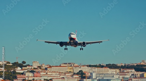 Airplane Landing over Lisbon's Skyline