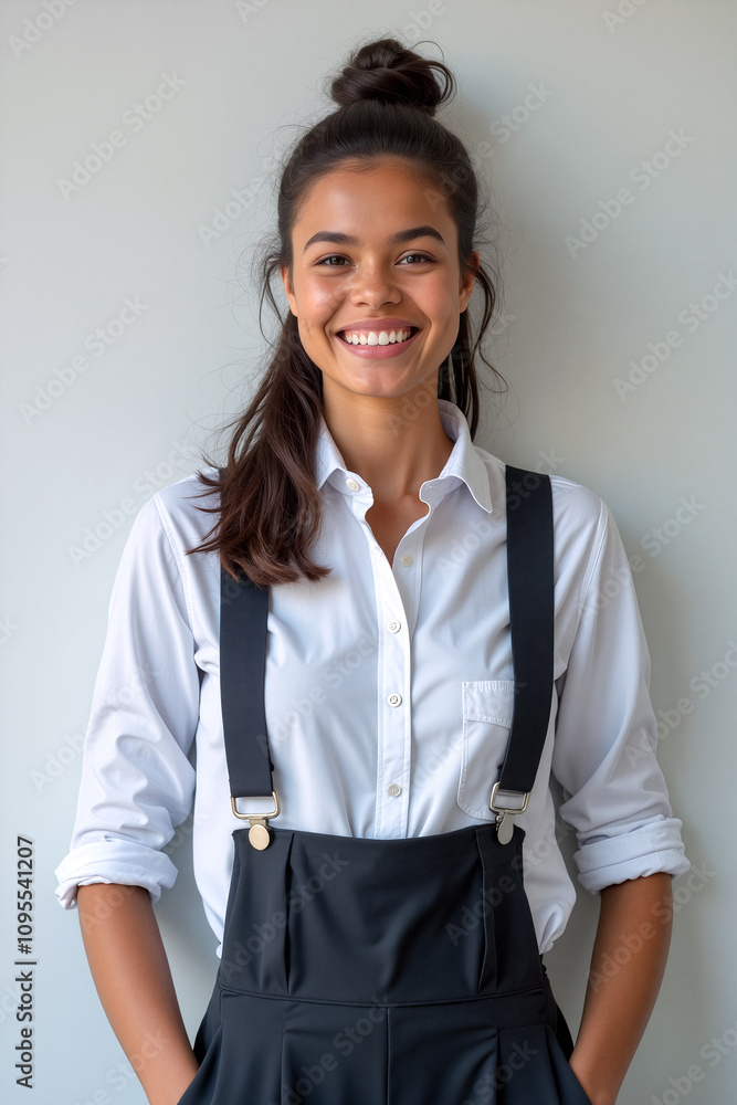 A cheerful young woman stands confidently with a big smile, dressed in a white button-up shirt and black overalls, showcasing a casual yet stylish look - Generative AI A cheerful young woman stands confidently with a big smile, dressed in a white button-up shirt and black overalls, showcasing a casual yet stylish look - Generative AI