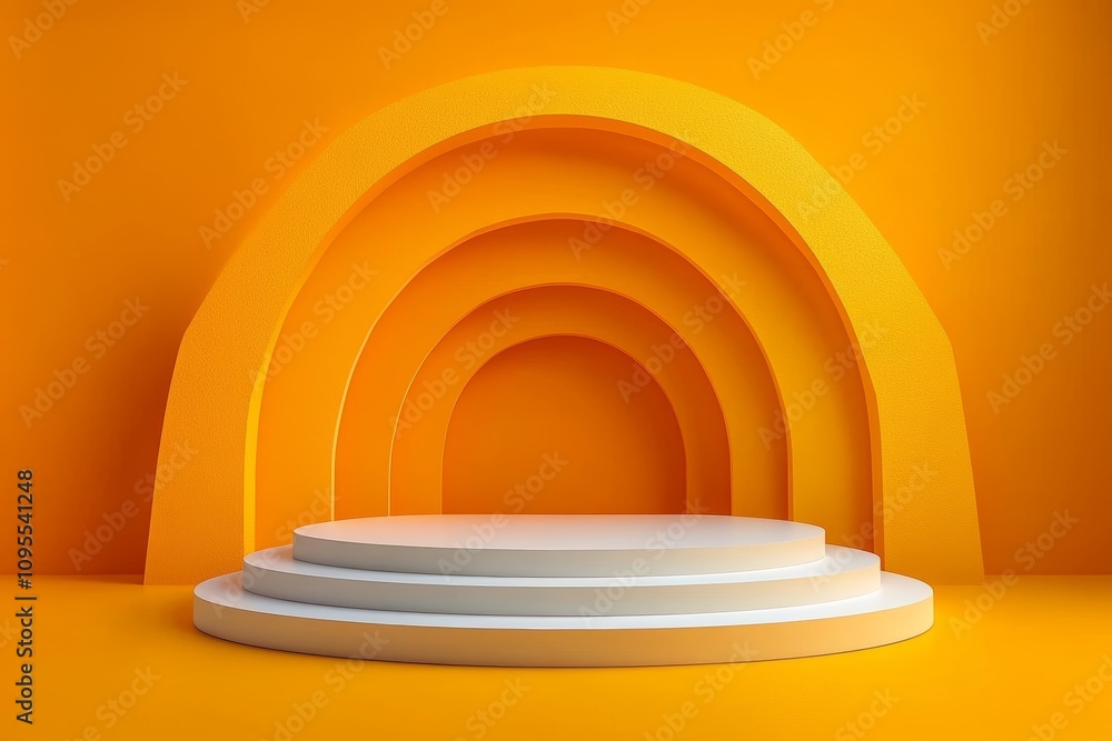 Fototapeta premium Minimalist Modern Stage Setup with Round Platforms on Bright Orange Background