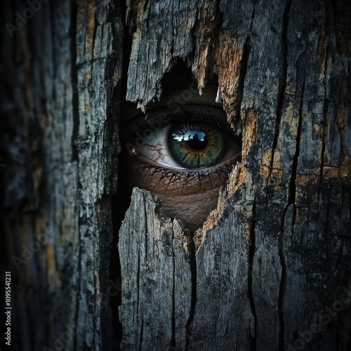 An eye peering through the cracks in an old wooden fence, evoking a sense of horror and dark fantasy. 