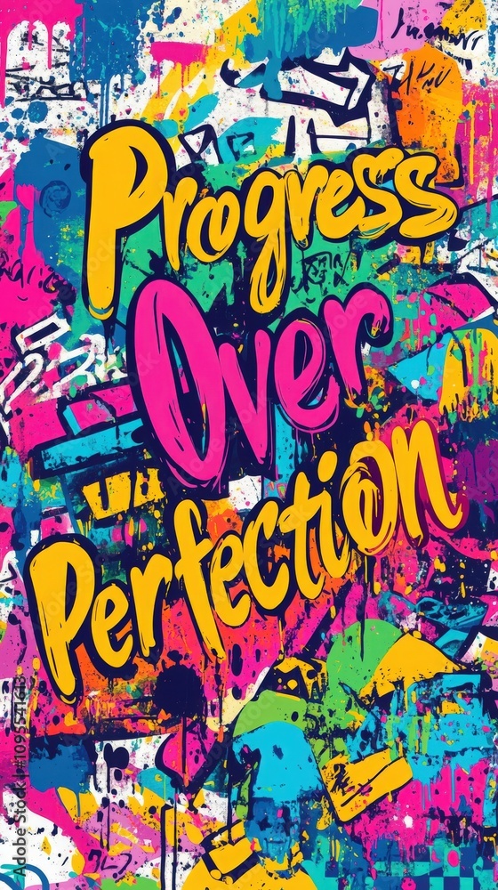 Obraz premium A striking mural features bold lettering that conveys the message of progress over perfection. The background showcases a lively mix of colors and abstract patterns, enhancing the urban vibe.