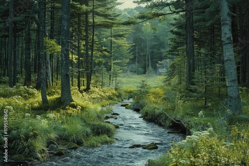 Tranquil forest scene with tall trees and flowing river.