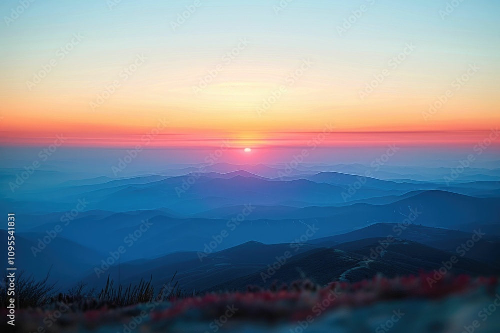 Fototapeta premium Blurred mountain sunset wallpaper with abstract sunrise background.