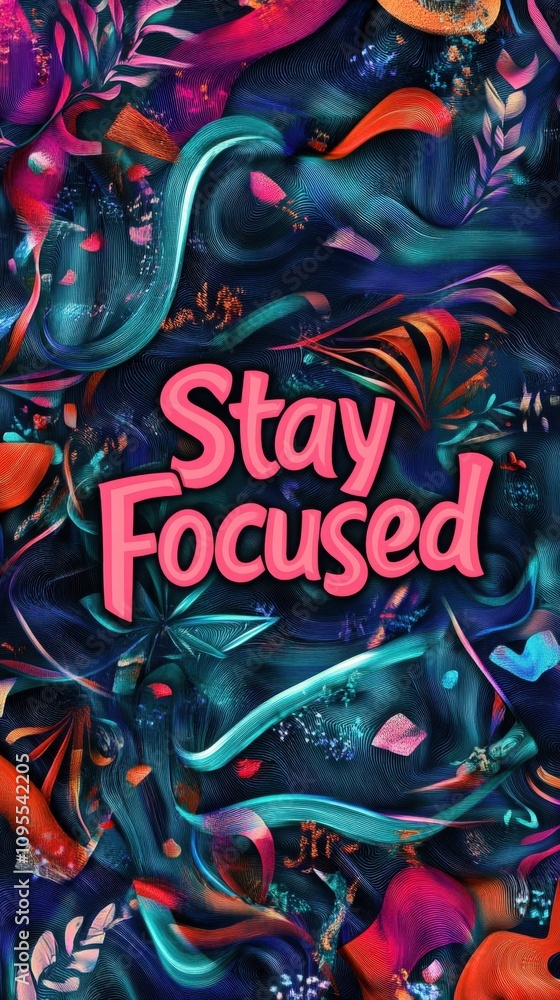 Obraz premium A bold graphic design featuring the phrase Stay Focused surrounded by colorful, flowing textures and abstract elements. The vivid hues create an inspiring atmosphere for creativity.