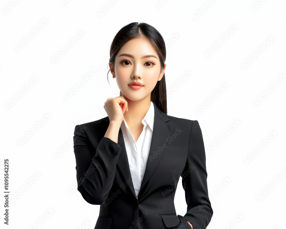 Confident businesswoman in formal attire poses with a thoughtful expression isolated on white background Confident businesswoman in formal attire poses with a thoughtful expression isolated on white background