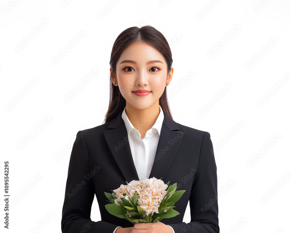 Professional woman in business attire holding a bouquet of flowers isolated on white background Professional woman in business attire holding a bouquet of flowers isolated on white background