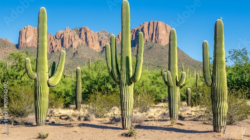 Tall saguaro cacti stand against a backdrop of rugged mountains in the desert.