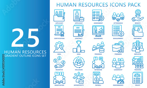 HR-human resources gradient outline icons set. contain goal, applicant, training, motivation, employee, award and more. Vector EPS 10 for print, digital UI, UX kit, web and app for office management.