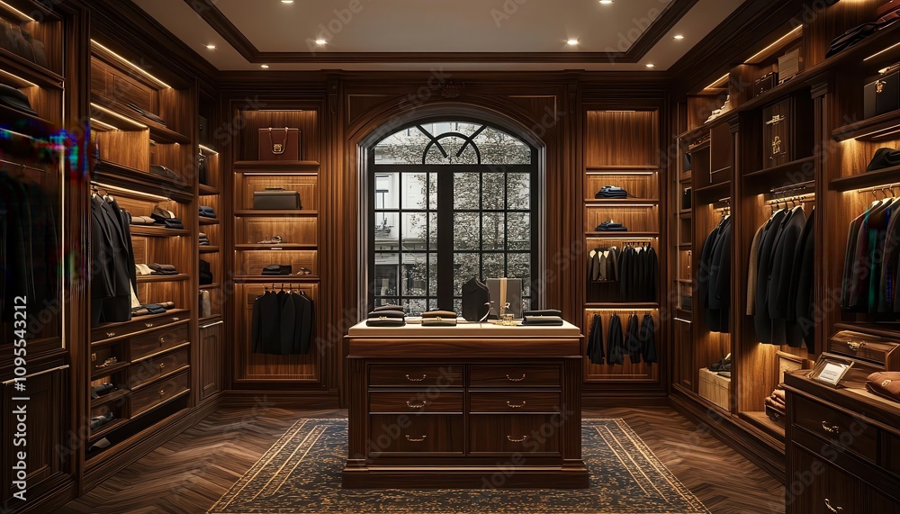 Bespoke tailoring shop with luxury suit displays Bespoke tailoring shop with luxury suit displays