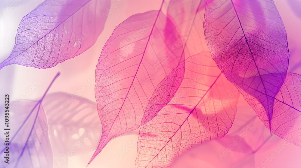 Obraz premium Neon natural background with transparent leaf skeletons. Pink macro leaves background texture. Eco banner