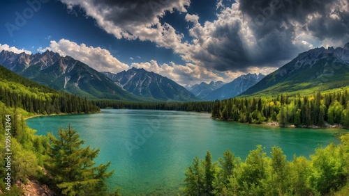 A serene lake surrounded by mountains and lush forests under a dramatic sky.