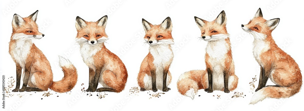 Watercolor Illustration of Five Cute Red Foxes Posing in Nature Watercolor Illustration of Five Cute Red Foxes Posing in Nature