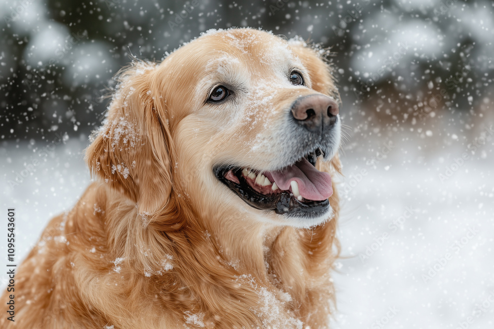 Portrait of a happy dog running in snow at winter with space for text Portrait of a happy dog running in snow at winter with space for text
