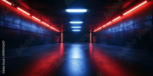 Futuristic Empty Hallway with Red and Blue Lighting Smooth Concrete Reflective Floor Sci Fi Background