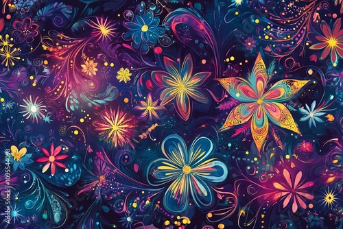 Colorful floral design featuring vibrant flowers and swirls on a dark background. Generative AI