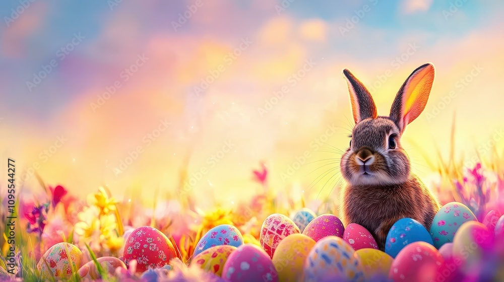 Fototapeta premium Delight in the sight of a cute bunny nestled among vibrant Easter eggs in a blooming meadow during spring dusk.