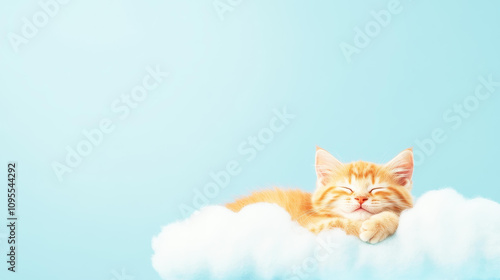 A charming cat snoozes on a soft cloud, surrounded by a serene sky, evoking comfort and tranquility for dreamers. photo